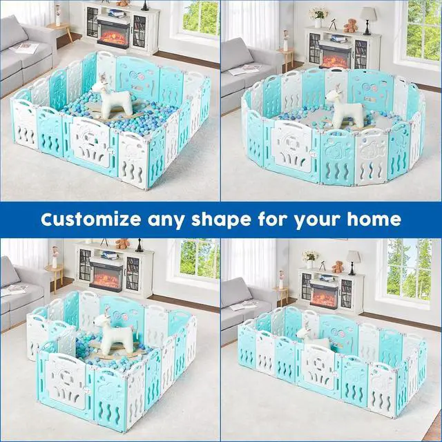 Alt view image 5 of 7 - Baby Playpen, 18 Panels Foldable Baby Fence with Game Panel and Safety Gate, Adjustable Shape, Portable Play Yards for Children Toddlers Indoors or Outdoors (White+Blue, 18 Panel)