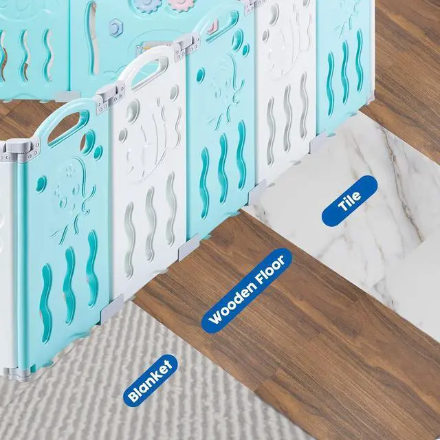 Alt view image 6 of 7 - Baby Playpen, 18 Panels Foldable Baby Fence with Game Panel and Safety Gate, Adjustable Shape, Portable Play Yards for Children Toddlers Indoors or Outdoors (White+Blue, 18 Panel)