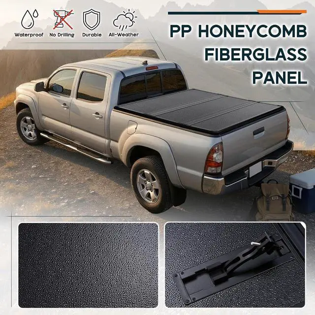 Alt view image 4 of 7 - Albott 5 FT FRP Hard Tri-fold Truck Bed Tonneau Cover for 2016-2026 Toyota Tacoma Bed Cover for Trucks (Only Fits Models with Factory Deck Rail System)