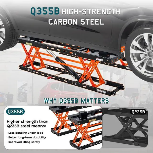 Alt view image 3 of 7 - Albott 5000 LBS Portable Car Lift, Q355B Steel Quick Jack for Home Garage, 20.1" Max Height with Height Extension Blocks, Foldable Design & Wheels, Black & Orange