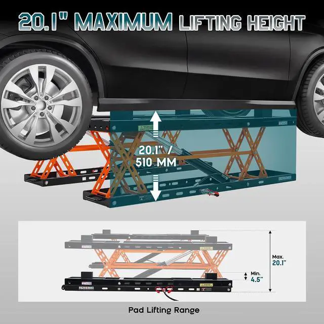 Alt view image 4 of 7 - Albott 5000 LBS Portable Car Lift, Q355B Steel Quick Jack for Home Garage, 20.1" Max Height with Height Extension Blocks, Foldable Design & Wheels, Black & Orange