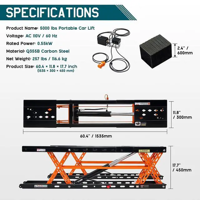 Alt view image 2 of 7 - Albott 5000 LBS Portable Car Lift, Q355B Steel Quick Jack for Home Garage, 20.1" Max Height with Height Extension Blocks, Foldable Design & Wheels, Black & Orange