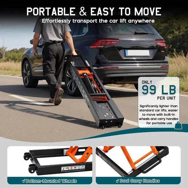 Alt view image 6 of 7 - Albott 5000 LBS Portable Car Lift, Q355B Steel Quick Jack for Home Garage, 20.1" Max Height with Height Extension Blocks, Foldable Design & Wheels, Black & Orange