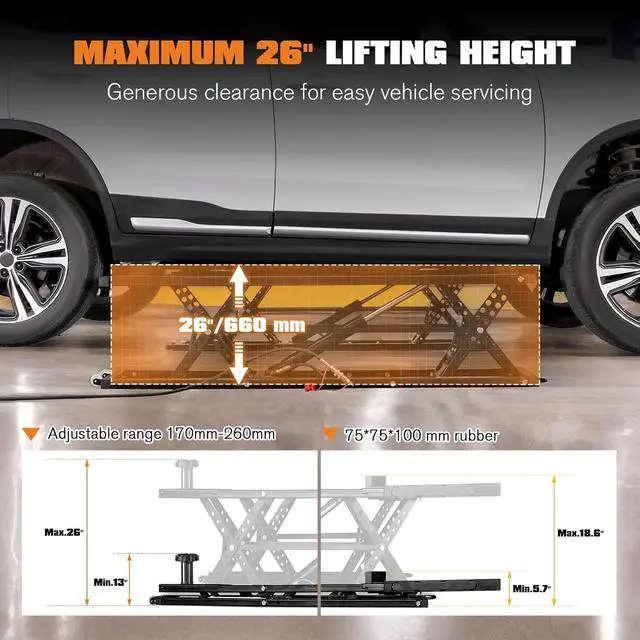 Alt view image 3 of 7 - Albott 5000 LBS Portable Car Lift, Adjustable Quick Jack with 26" Max Height, Locking Levers, 2530s Fast Cycle, Scissor Lift for Sedans in Garage or Shop, Foldable Design & Wheels, Black