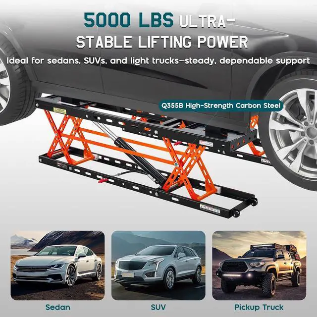 Alt view image 7 of 7 - Albott 5000 LBS Portable Car Lift, Q355B Steel Quick Jack for Home Garage, 20.1" Max Height with Height Extension Blocks, Foldable Design & Wheels, Black & Orange