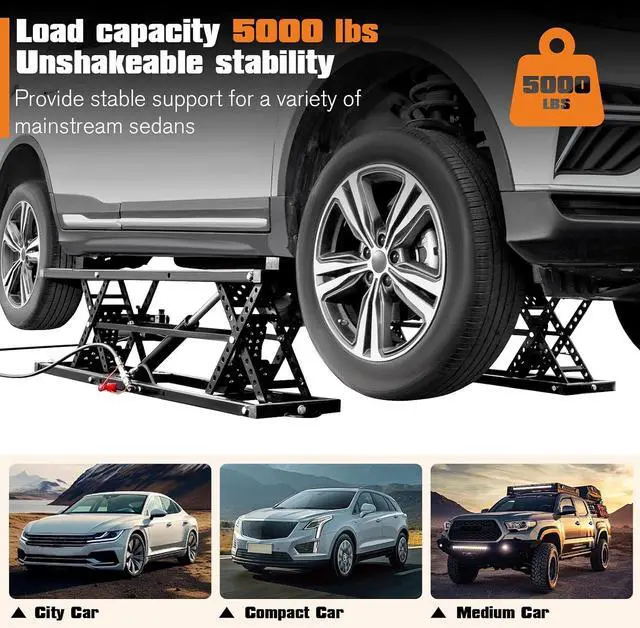 Alt view image 5 of 7 - Albott 5000 LBS Portable Car Lift, Adjustable Quick Jack with 26" Max Height, Locking Levers, 2530s Fast Cycle, Scissor Lift for Sedans in Garage or Shop, Foldable Design & Wheels, Black