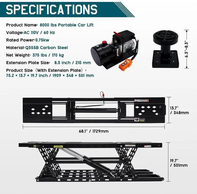 Alt view image 2 of 7 - Albott 8000 LBS Portable Car Lift for Home Garage, Heavy-Duty Q355B Steel Vehicle Lift, Adjustable Height up to 27.4", 2530s Fast Cycle, Locking Levers, Extension Plate, Foldable with Wheels