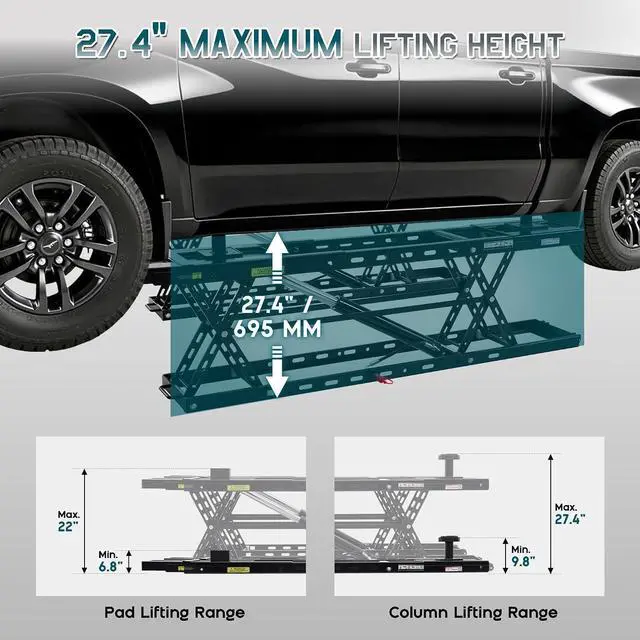 Alt view image 4 of 7 - Albott 8000 LBS Portable Car Lift for Home Garage, Heavy-Duty Q355B Steel Vehicle Lift, Adjustable Height up to 27.4", 2530s Fast Cycle, Locking Levers, Extension Plate, Foldable with Wheels