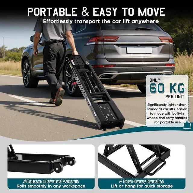 Alt view image 7 of 7 - Albott 8000 LBS Portable Car Lift for Home Garage, Heavy-Duty Q355B Steel Vehicle Lift, Adjustable Height up to 27.4", 2530s Fast Cycle, Locking Levers, Extension Plate, Foldable with Wheels