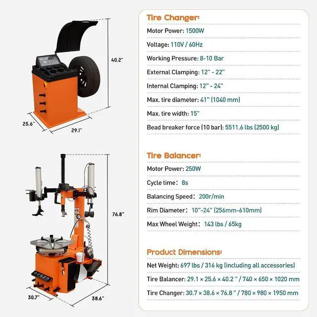 Alt view image 2 of 7 - Albott 2HP Tire Changer and Wheel Balancer Combo for 12"24" Rims, Outside Clamp 12"22" Inside Clamp 12"24", Tire Repair and Wheel Balancing for Home Garage & Auto Shop