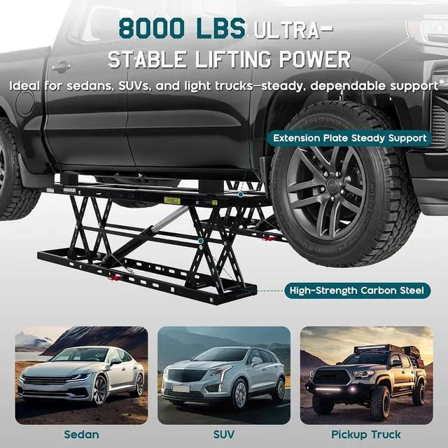 Alt view image 6 of 7 - Albott 8000 LBS Portable Car Lift for Home Garage, Heavy-Duty Q355B Steel Vehicle Lift, Adjustable Height up to 27.4", 2530s Fast Cycle, Locking Levers, Extension Plate, Foldable with Wheels