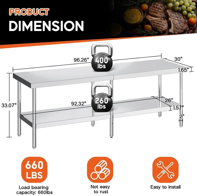 Alt view image 2 of 7 - 30x96in Stainless Steel Table, Kitchen Prep Table with Adjustable Undershelf, Food-Grade Stainless Steel Metal Surface for Home Kitchen, Restaurant, Hotel, and Garage