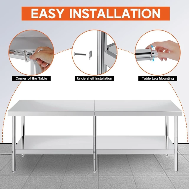 Alt view image 6 of 7 - 30x96in Stainless Steel Table, Kitchen Prep Table with Adjustable Undershelf, Food-Grade Stainless Steel Metal Surface for Home Kitchen, Restaurant, Hotel, and Garage