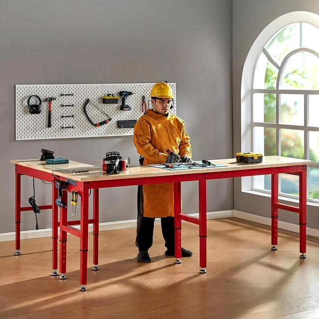 Alt view image 2 of 7 - 96x24 in Adjustable Workbench with Power Outlets, 6000 LBs Heavy Duty Work Table with Hooks, Solid Rubber Wood Top, for Garage, Woodworking, Workshop, Home Office, Red