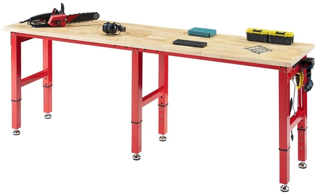 Main image of 96x24 in Adjustable Workbench with Power Outlets, 6000 LBs Heavy Duty Work Table with Hooks, Solid Rubber Wood Top, for Garage, Woodworking, Workshop, Home Office, Red