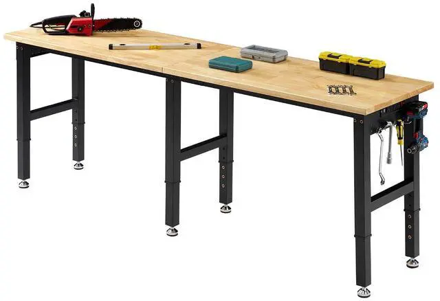 Main image of 72x24 in Adjustable Workbench with Power Outlets, 6000 LBs Heavy Duty Wood Workbench with Hooks, Solid Rubber Wood Top for Garage, Workshop, Woodworking, Home Office
