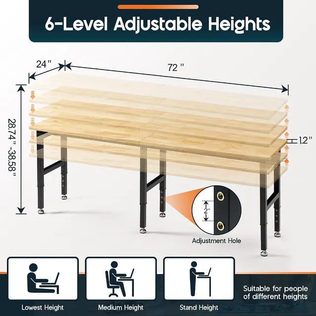 Alt view image 5 of 7 - 72x24 in Adjustable Workbench with Power Outlets, 6000 LBs Heavy Duty Wood Workbench with Hooks, Solid Rubber Wood Top for Garage, Workshop, Woodworking, Home Office