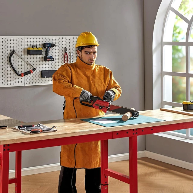 Alt view image 2 of 7 - 84x24 in Adjustable Workbench with Power Outlets, 6000 LBs Heavy Duty Work Table with Hooks, Solid Rubber Wood Top, for Garage, Woodworking, Workshop, Home Office, Red
