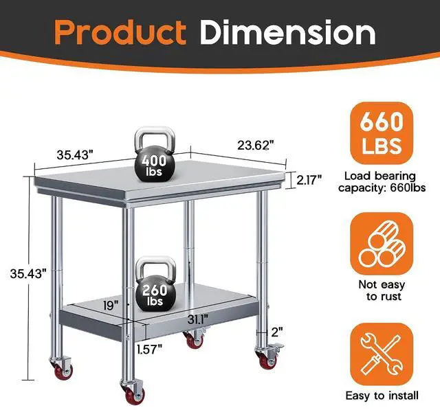 Alt view image 2 of 7 - 24x36in Stainless Steel Table, Kitchen Prep Table with Adjustable Undershelf, Food-Grade Stainless Steel Metal Surface (Includes Wheels) for Home Kitchen, Restaurant, Hotel, and Garage