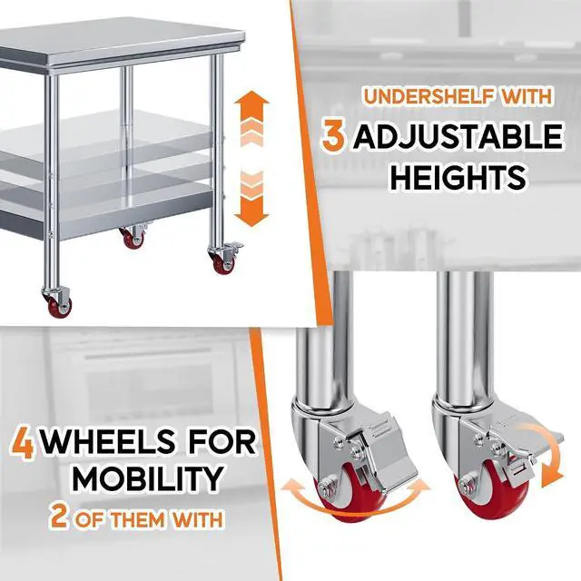 Alt view image 4 of 7 - 24x36in Stainless Steel Table, Kitchen Prep Table with Adjustable Undershelf, Food-Grade Stainless Steel Metal Surface (Includes Wheels) for Home Kitchen, Restaurant, Hotel, and Garage