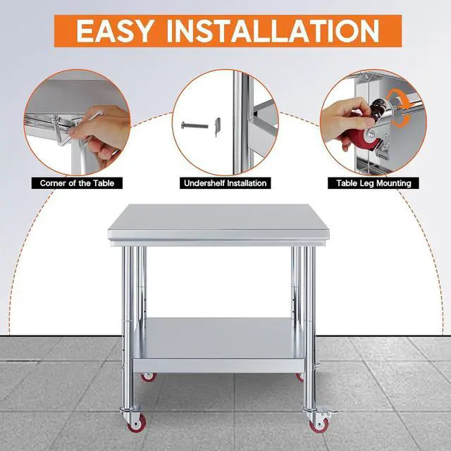 Alt view image 6 of 7 - 24x36in Stainless Steel Table, Kitchen Prep Table with Adjustable Undershelf, Food-Grade Stainless Steel Metal Surface (Includes Wheels) for Home Kitchen, Restaurant, Hotel, and Garage