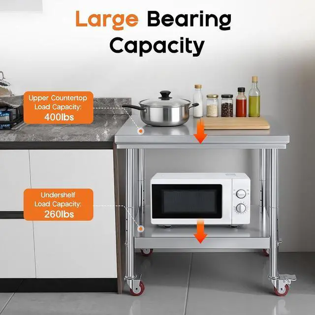 Alt view image 7 of 7 - 24x36in Stainless Steel Table, Kitchen Prep Table with Adjustable Undershelf, Food-Grade Stainless Steel Metal Surface (Includes Wheels) for Home Kitchen, Restaurant, Hotel, and Garage