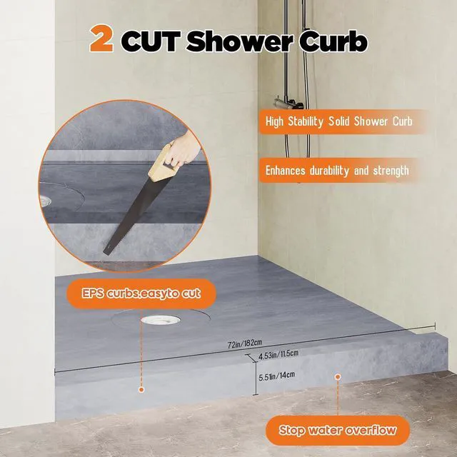Alt view image 7 of 7 - Shower Curb Kit with Complete Shower Kit- Tray, Curb, Membrane, Seals, ABS Bonding Flange, Corners, Trowel & Level, 72" x 72" Tray, Center Outlet Position