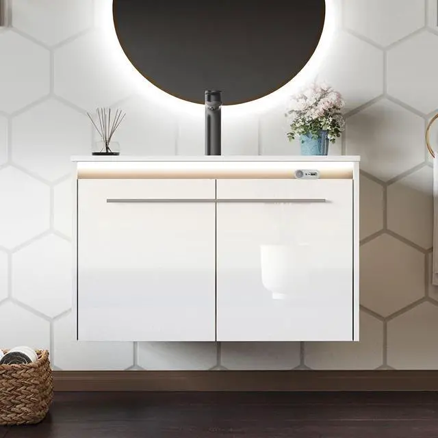 Main image of 31" LED Floating Bathroom Vanity with Single Sink, Modern High Gloss Wall Mounted Bathroom Storage Cabinet with Metal Handles, White