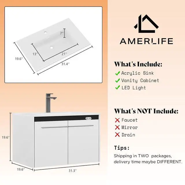 Alt view image 2 of 7 - 31" LED Floating Bathroom Vanity with Single Sink, Modern High Gloss Wall Mounted Bathroom Storage Cabinet with Metal Handles, White