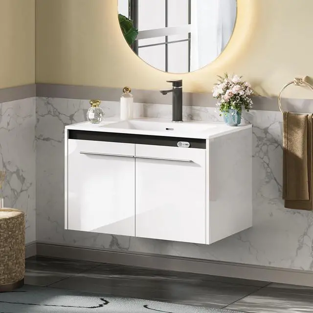Alt view image 5 of 7 - 31" LED Floating Bathroom Vanity with Single Sink, Modern High Gloss Wall Mounted Bathroom Storage Cabinet with Metal Handles, White