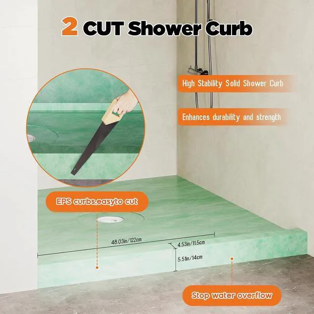 Alt view image 6 of 7 - Shower Curb Kit with Complete Shower Kit- Tray, Curb, Membrane, Seals, Bonding Flange, Corners, Trowel & Level, 72" x 72" Tray, Center Outlet Position