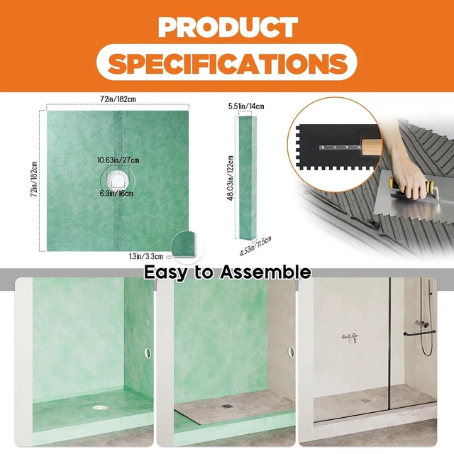 Alt view image 7 of 7 - Shower Curb Kit with Complete Shower Kit- Tray, Curb, Membrane, Seals, Bonding Flange, Corners, Trowel & Level, 72" x 72" Tray, Center Outlet Position