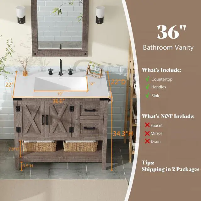 Alt view image 3 of 7 - 36" Farmhouse Bathroom Vanity with Sink Combo, Wood Barn Door Freestanding Small Single Bath Storage Cabinet Set with Sliding Drawers & Open Shelf, Paper Towel Holder, Light Gray