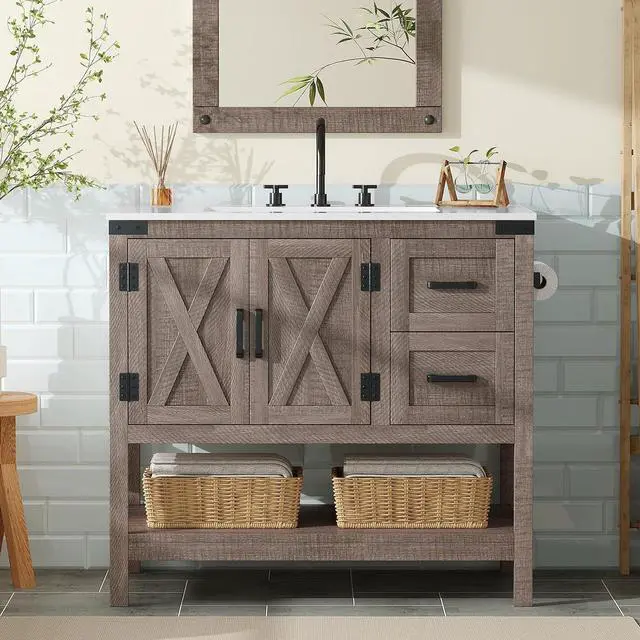 Main image of 36" Farmhouse Bathroom Vanity with Sink Combo, Wood Barn Door Freestanding Small Single Bath Storage Cabinet Set with Sliding Drawers & Open Shelf, Paper Towel Holder, Light Gray