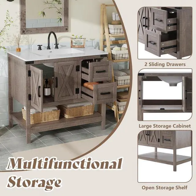 Alt view image 5 of 7 - 36" Farmhouse Bathroom Vanity with Sink Combo, Wood Barn Door Freestanding Small Single Bath Storage Cabinet Set with Sliding Drawers & Open Shelf, Paper Towel Holder, Light Gray