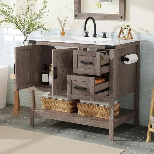 Alt view image 4 of 7 - 36" Farmhouse Bathroom Vanity with Sink Combo, Wood Barn Door Freestanding Small Single Bath Storage Cabinet Set with Sliding Drawers & Open Shelf, Paper Towel Holder, Light Gray