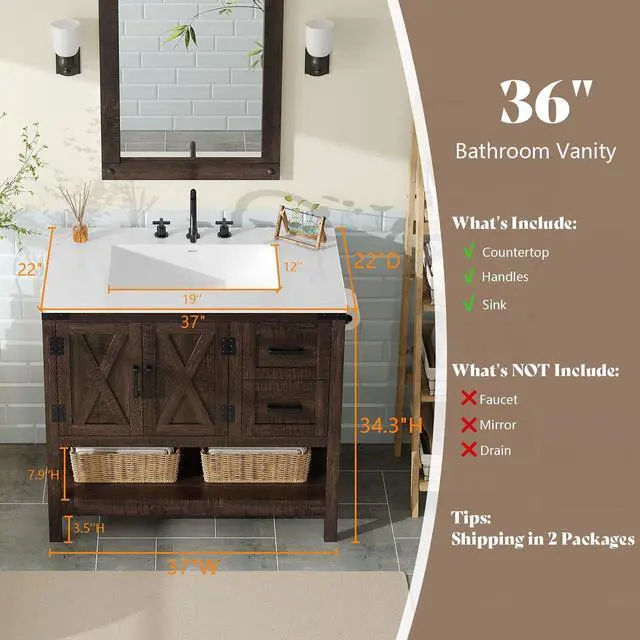 Alt view image 2 of 7 - 36" Farmhouse Bathroom Vanity with Sink Combo, Freestanding Small Single Wood Barn Door Bath Storage Cabinet Set with Sliding Drawers & Open Shelf, Paper Towel Holder, Rustic Brown