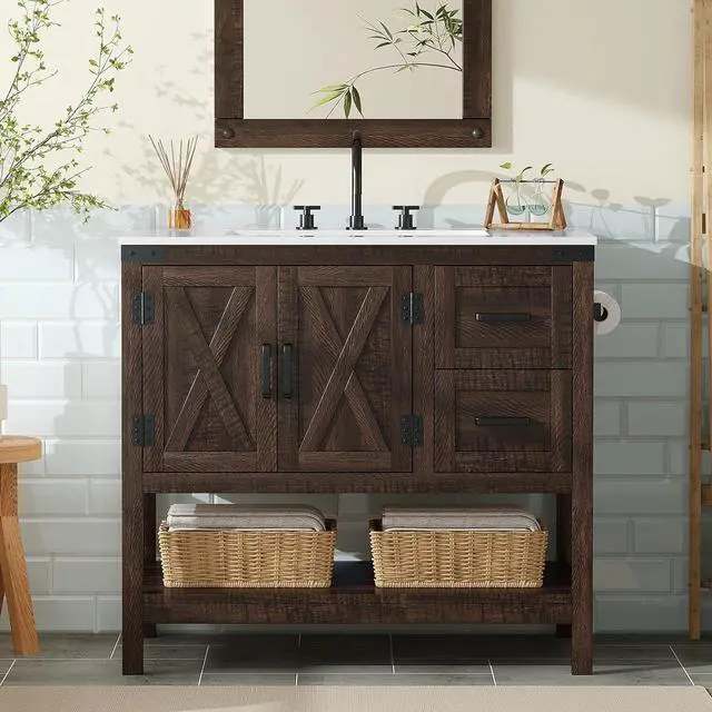 Main image of 36" Farmhouse Bathroom Vanity with Sink Combo, Freestanding Small Single Wood Barn Door Bath Storage Cabinet Set with Sliding Drawers & Open Shelf, Paper Towel Holder, Rustic Brown