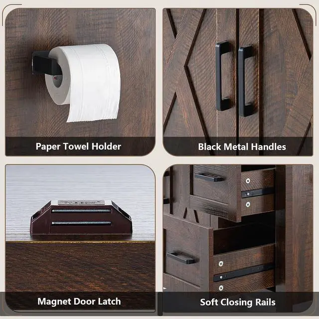 Alt view image 6 of 7 - 36" Farmhouse Bathroom Vanity with Sink Combo, Freestanding Small Single Wood Barn Door Bath Storage Cabinet Set with Sliding Drawers & Open Shelf, Paper Towel Holder, Rustic Brown