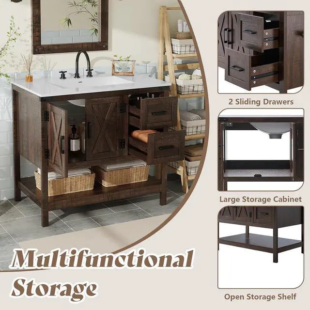 Alt view image 4 of 7 - 36" Farmhouse Bathroom Vanity with Sink Combo, Freestanding Small Single Wood Barn Door Bath Storage Cabinet Set with Sliding Drawers & Open Shelf, Paper Towel Holder, Rustic Brown