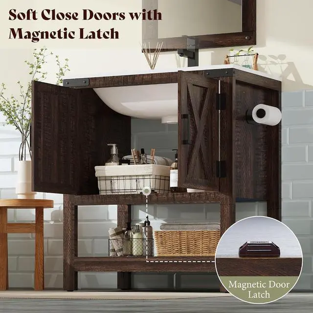 Alt view image 5 of 7 - 24" Farmhouse Bathroom Vanity with Sink Combo, Wood Barn Doors & Open Shelf, Freestanding Single Bathroom Storage Cabinet, Paper Towel Holder, Easy-Clean Countertop, Rustic Brown