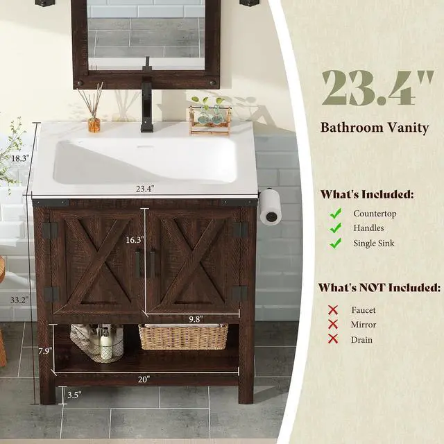 Alt view image 2 of 7 - 24" Farmhouse Bathroom Vanity with Sink Combo, Wood Barn Doors & Open Shelf, Freestanding Single Bathroom Storage Cabinet, Paper Towel Holder, Easy-Clean Countertop, Rustic Brown