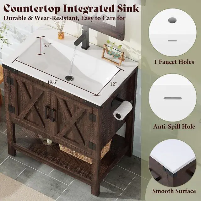 Alt view image 3 of 7 - 24" Farmhouse Bathroom Vanity with Sink Combo, Wood Barn Doors & Open Shelf, Freestanding Single Bathroom Storage Cabinet, Paper Towel Holder, Easy-Clean Countertop, Rustic Brown