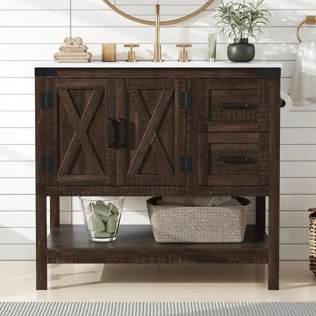 Alt view image 7 of 7 - 36" Farmhouse Bathroom Vanity with Sink Combo, Freestanding Small Single Wood Barn Door Bath Storage Cabinet Set with Sliding Drawers & Open Shelf, Paper Towel Holder, Rustic Brown
