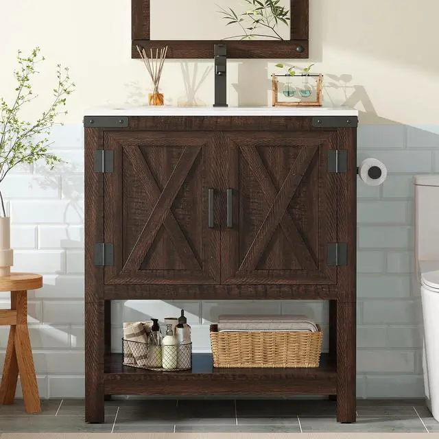 Main image of 24" Farmhouse Bathroom Vanity with Sink Combo, Wood Barn Doors & Open Shelf, Freestanding Single Bathroom Storage Cabinet, Paper Towel Holder, Easy-Clean Countertop, Rustic Brown