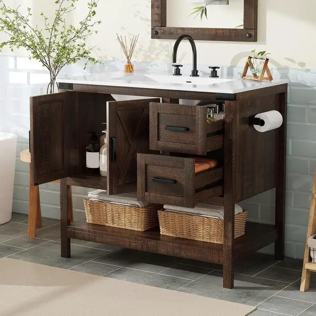 Alt view image 3 of 7 - 36" Farmhouse Bathroom Vanity with Sink Combo, Freestanding Small Single Wood Barn Door Bath Storage Cabinet Set with Sliding Drawers & Open Shelf, Paper Towel Holder, Rustic Brown