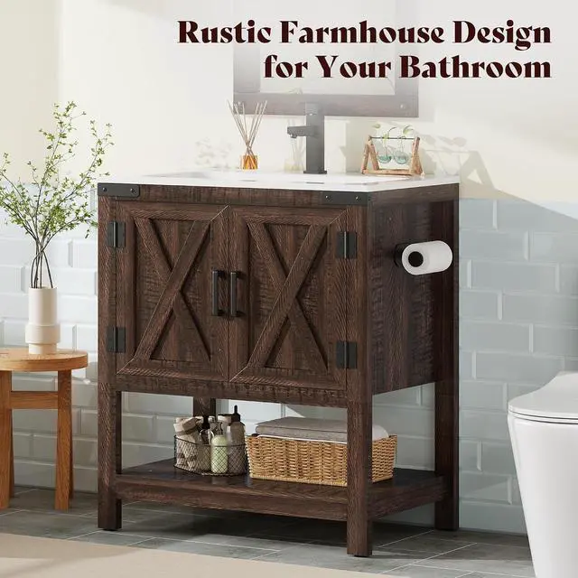 Alt view image 6 of 7 - 24" Farmhouse Bathroom Vanity with Sink Combo, Wood Barn Doors & Open Shelf, Freestanding Single Bathroom Storage Cabinet, Paper Towel Holder, Easy-Clean Countertop, Rustic Brown