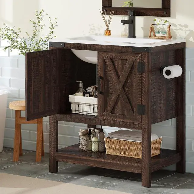 Alt view image 7 of 7 - 24" Farmhouse Bathroom Vanity with Sink Combo, Wood Barn Doors & Open Shelf, Freestanding Single Bathroom Storage Cabinet, Paper Towel Holder, Easy-Clean Countertop, Rustic Brown