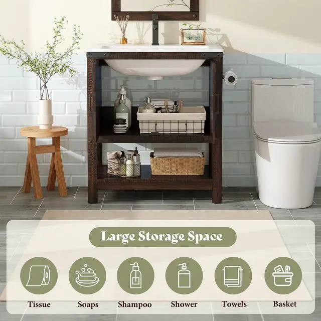 Alt view image 4 of 7 - 24" Farmhouse Bathroom Vanity with Sink Combo, Wood Barn Doors & Open Shelf, Freestanding Single Bathroom Storage Cabinet, Paper Towel Holder, Easy-Clean Countertop, Rustic Brown