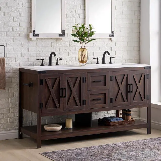 Main image of 60" Bathroom Vanity with Double Sink, Farmhouse Freestanding Vanity Cabinet with Sink, 2 Drawers, 4 Barn Doors, Open Shelf, Rustic Storage for Master or Family Bathroom, Rustic Brown